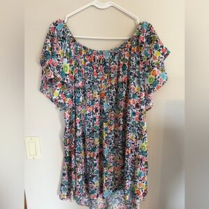 Terra & Sky White Floral Off-Shoulder Tunic with Multicolor Blooms